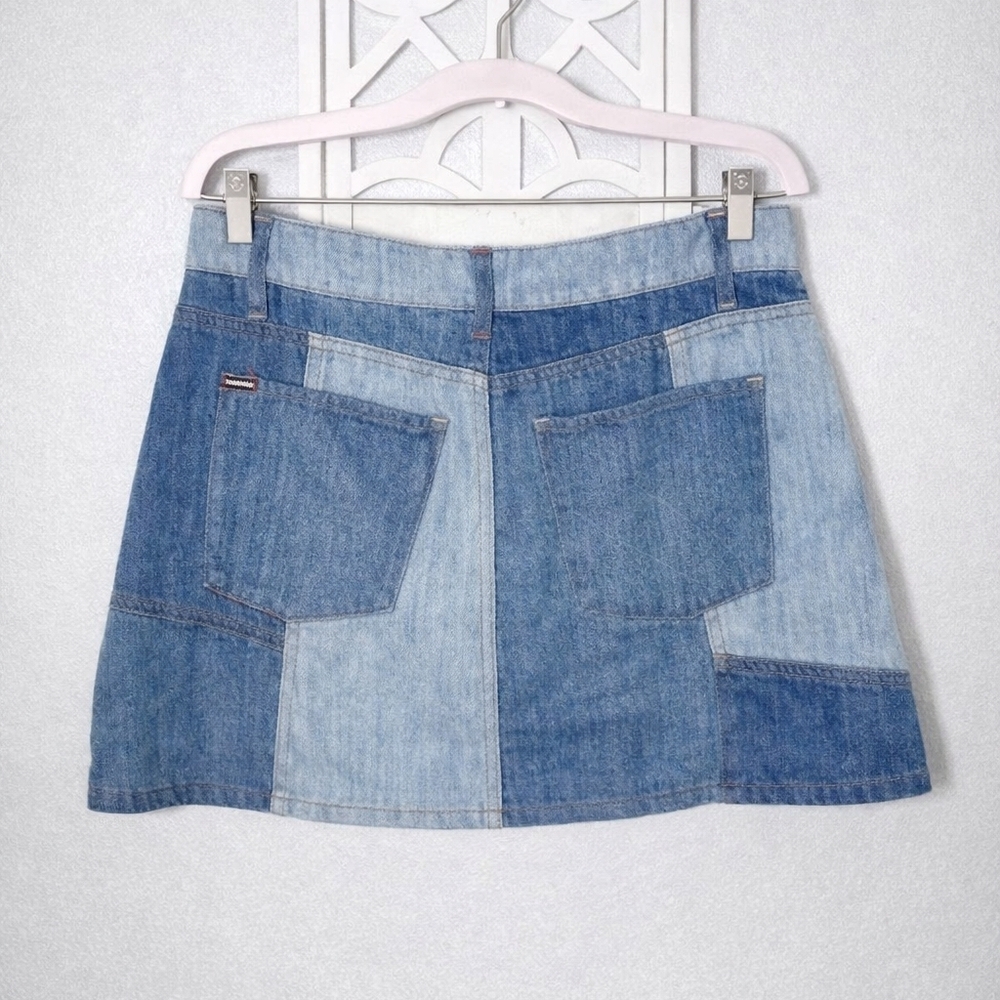 Alice + Olivia Good High Rise Patchwork Denim Happy Go Lucky Button Front Mini - Picture 5 of 8